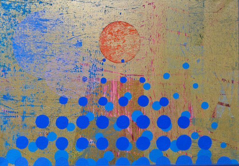 A.Jadczuk,Pejzaż7,akryl i płatki złota na płótnie,100x70cm.2023